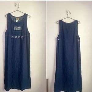 Vintage Inspired Blue Cactus Artisan Cottagecore Maxi Denim Dress Blue Sz Small